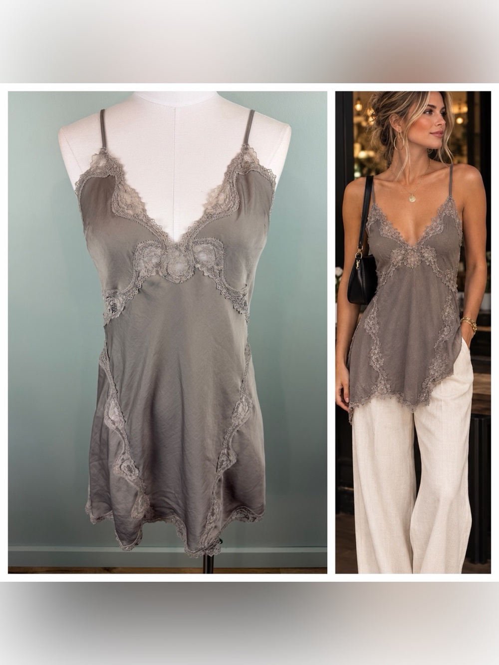 Victoria’s Secret Gray Lace Trim Satin Cami Slip Tunic Top or Slip dress Medium
